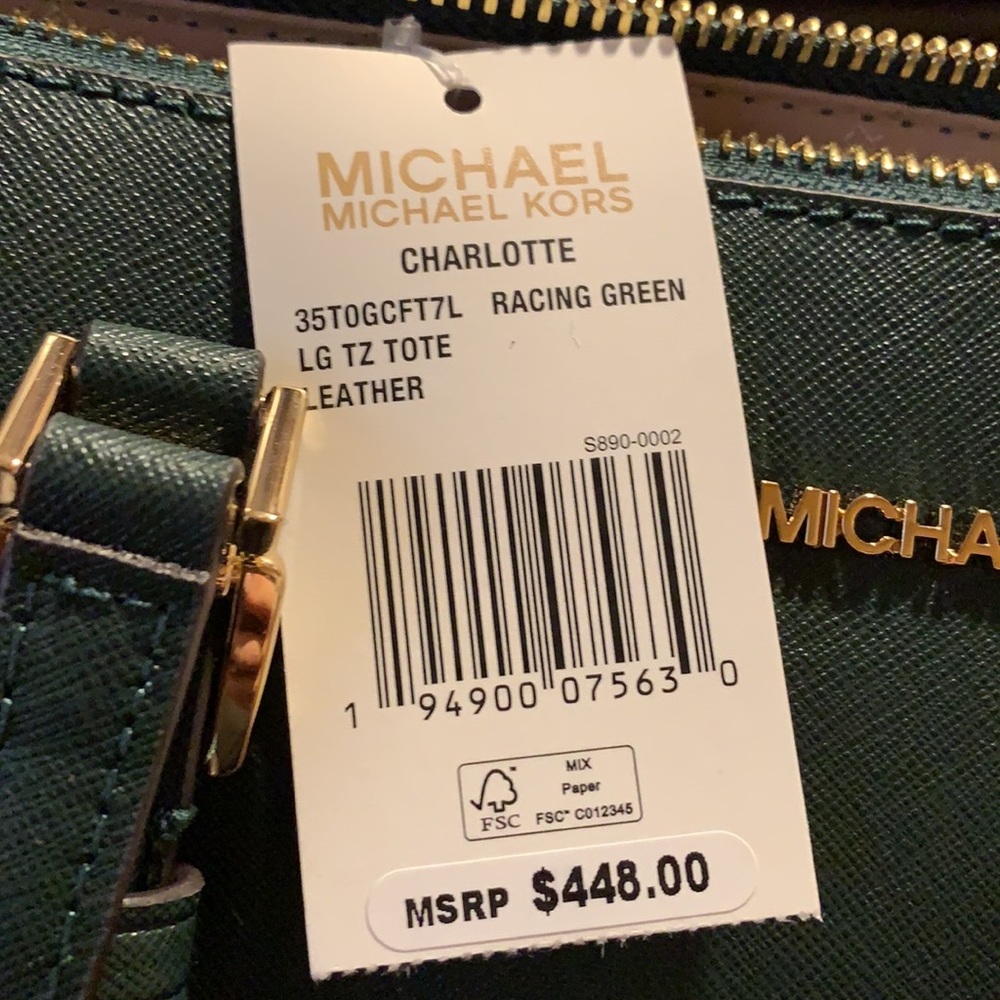 MICHAEL KORS Charlotte Large Leather Top-Zip Tote Racing Green - Picture 4 of 15